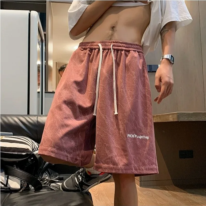 Fashion New Embroidered Pink Casual Shorts Men\'s Thin Corduroy Loose Shorts Fashion Trendy Sports Shorts