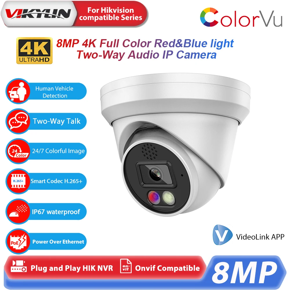 Vikylin 8MP Security IP Camera for Hikvision Compatible Full Color Onvif POE Human Vehicle Detect Two Way Audio Home CCTV IP66