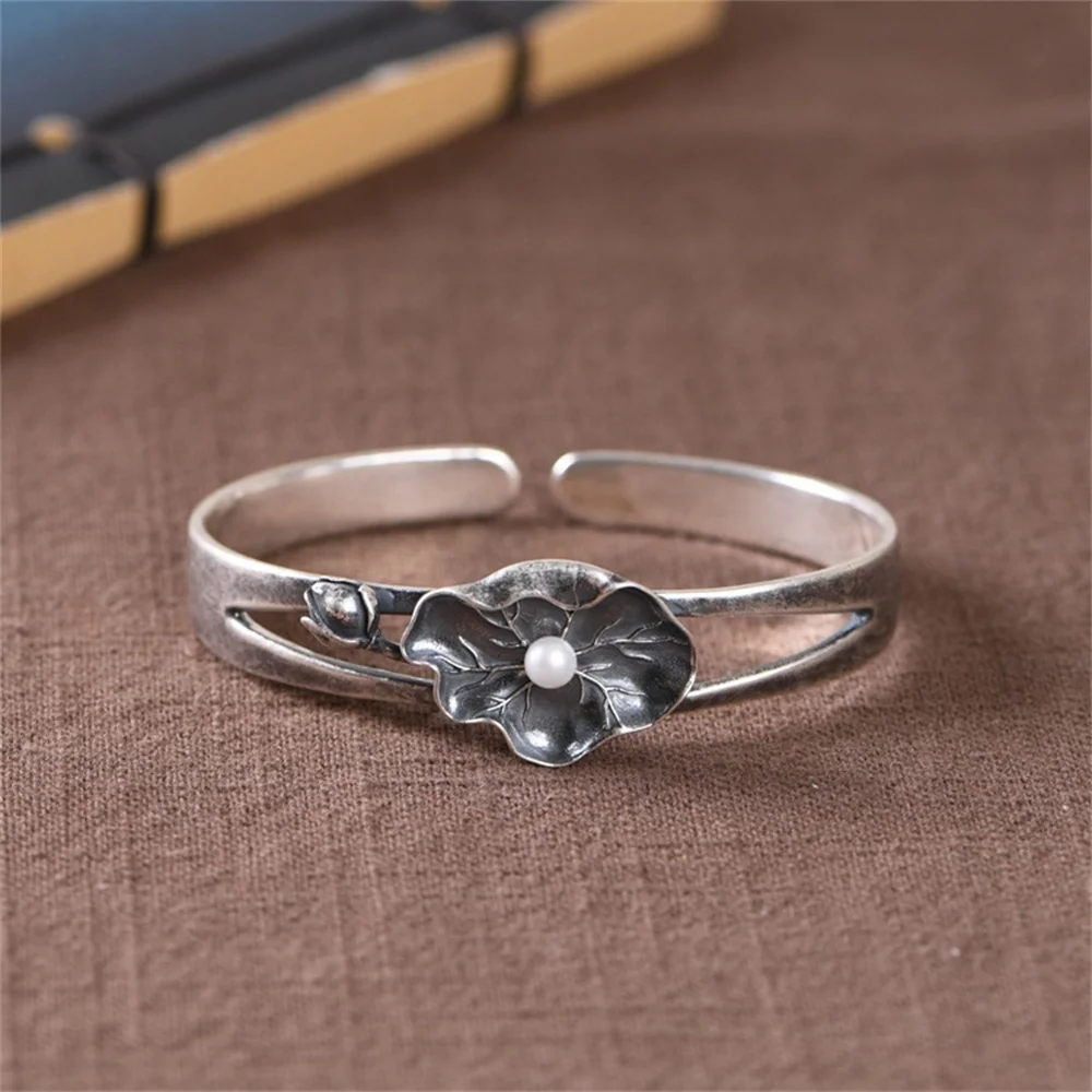 

Thai Silver Lotus Leaf Bangles for Women MINI Freshwater Pearl Bangle Ethnic 925 Silver Flower Bud Bangle Hollow Vintage Jewelry