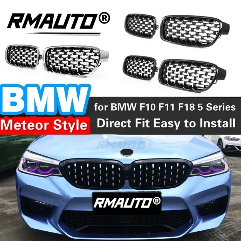 

RMAUTO 2Pcs Meteor Diamond Style Car Front Bumper Kidney Grille Racing Grill Black Silver for BMW 5 Series F10 F11 F18 2010-2016