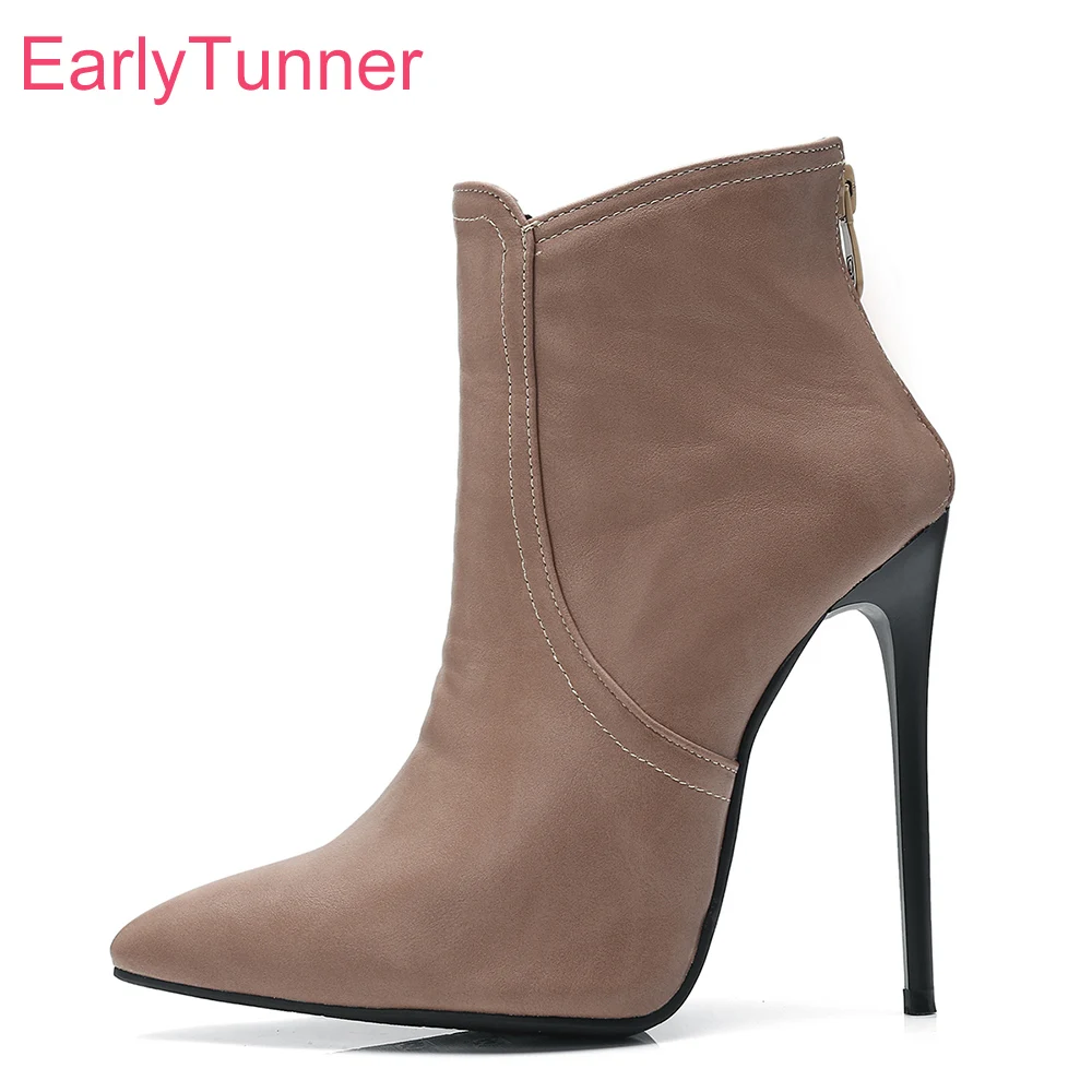 

Sale Brand New Sexy Khaki Gray Women Ankle Boots Classic Super High Stiletto Heels Lady Party Shoes ES73 Plus Big Size 10 45 48