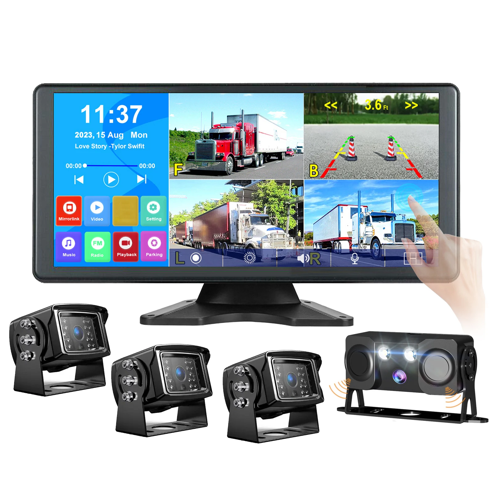 10.36 "شاشة تعمل باللمس DVR رصد بلوتوث FM USB Mp5 Mp3 4x AHD 1080P الجانب الخلفي وقوف السيارات الرادار الاستشعار كاميرا احتياطية لشاحنة Rv #1