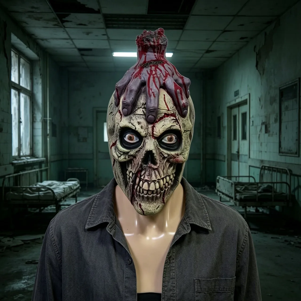 

Skull Mask with Broken Hand Head Cover Halloween Masquerade Party Cosplay Costume Props Scary Accessories