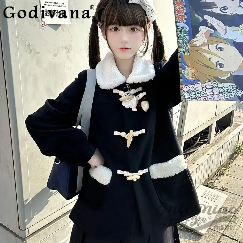 

College Style Button Woolen Coat for Female Students Short Lamb Wool Collar Jackets Women Japanese Lolita Black Sweet Coat