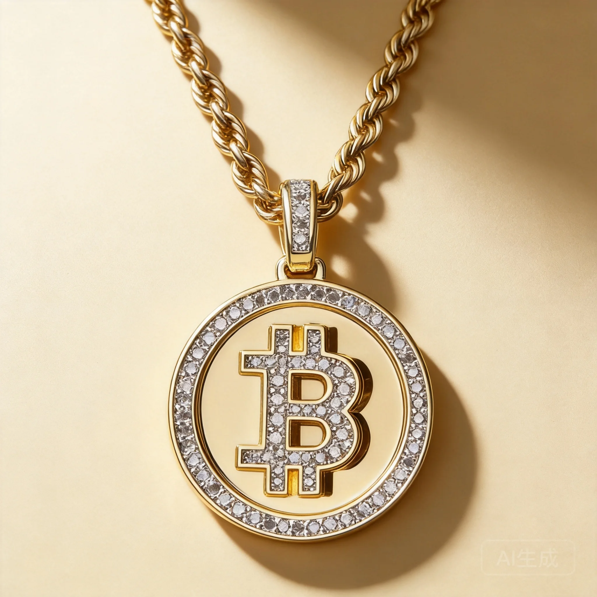 Chinese Style Lucky Wealth Attracting Gold Plated Micro Paved Cubic Zircon Bitcoin Pendant Mens Hip Hop Twist Rope Chain Necklac