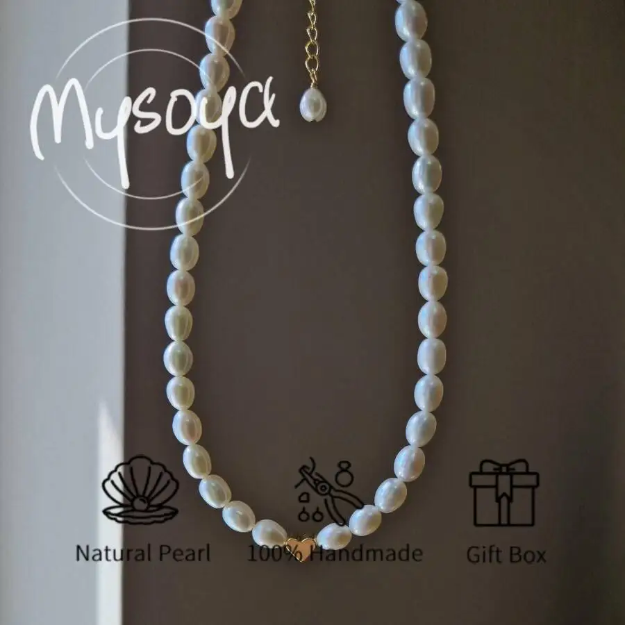 

MYSOYA 7-8mm Natural White Rice Shape Freshwater Pearl Bracelet Necklace Set With Gift Box Birthday Wedding Gift For Women Men