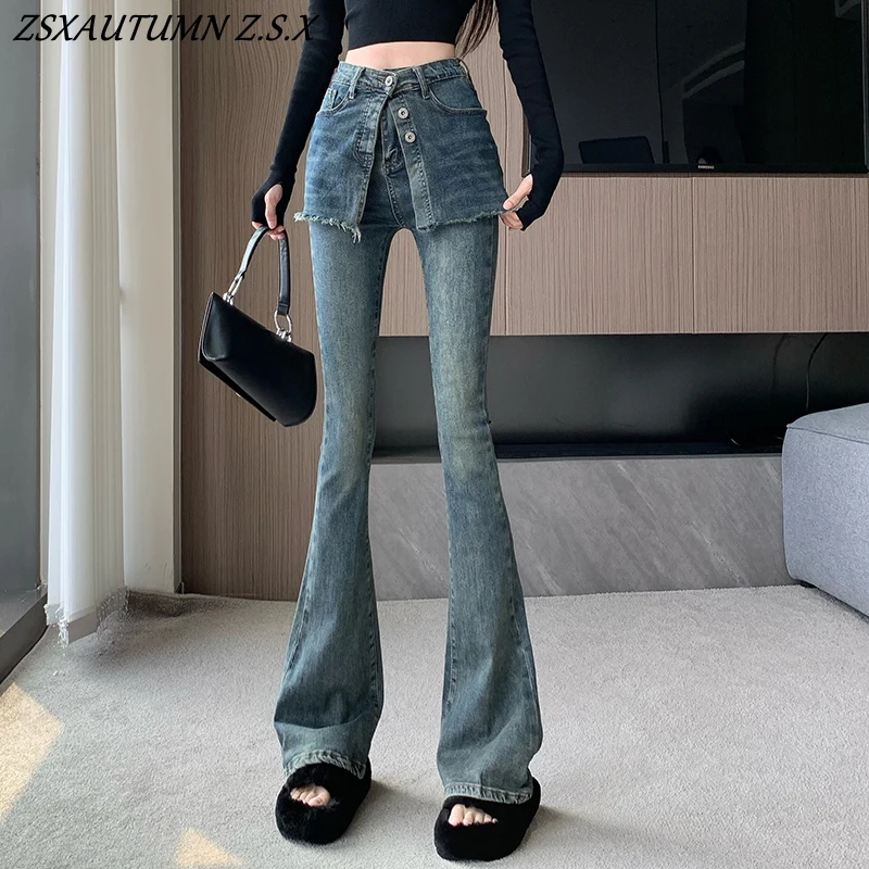 Intage Fake Two Pieces of Design Jeans Women High Waisted American Denim Pants Female High Waist Casual Flared Trousers