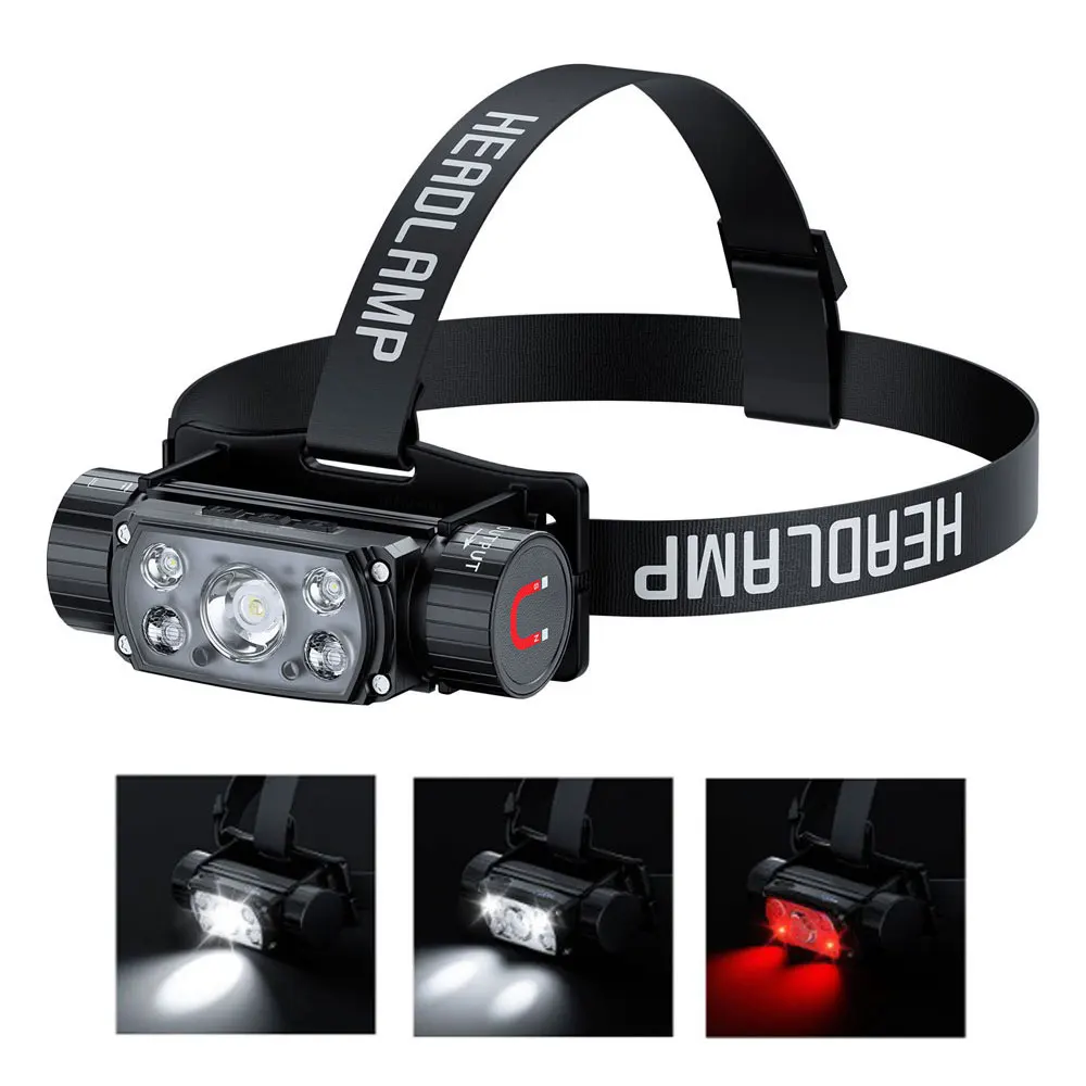 

LED Headlamp Sensor Headlight Flashlight 18650 21700 USB Rechargeable Outdoor Head Lamp Torch Red Light 9 Modes Work Flash Lamp