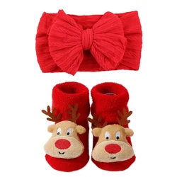 Regalo de Navidad, diadema con lazo rojo de nailon, calcetines cálidos para bebé recién nacido, calcetines para niña, conjunto de diadema, accesorios para el cabello para niño 0-1T