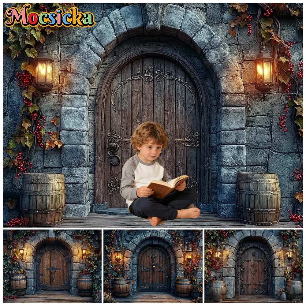 Mocsicka Photography Backdrop Halloween Wooden Door Vintage Cottage Farmhouse Photo Backgrounds Birthday Portrait Studio Decors