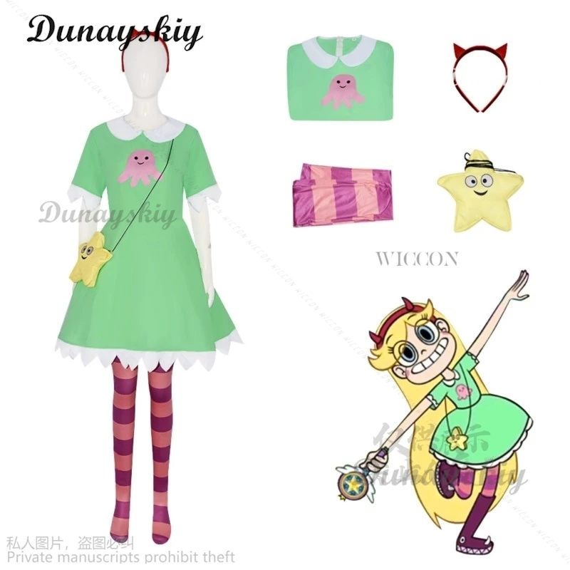 Anime Star Lolita The Forces Cartoon Of Evil Cosplay Star Butterfly Green Dress Red Headwear Socks Halloween Fancy Costume Cos