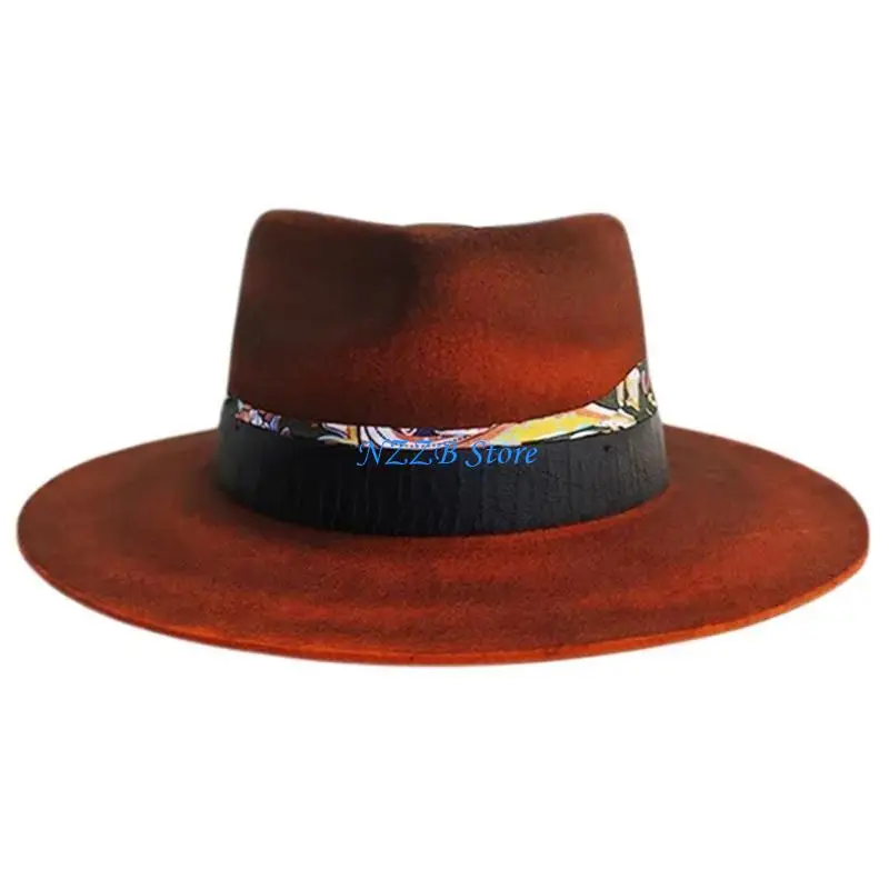 

T21F Elegant Homburg Hat Wool Fedoras Flat Wide Brimmed Hat Surprise Gifts Headwear for Vacation Photo Props