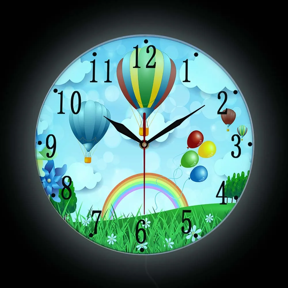 

Hot Air Balloons Luminous Wall Clock For Kid Room Cartoon Rainbow Spring View Nursery Decor LED Nightlight Clock Bedside Lamp