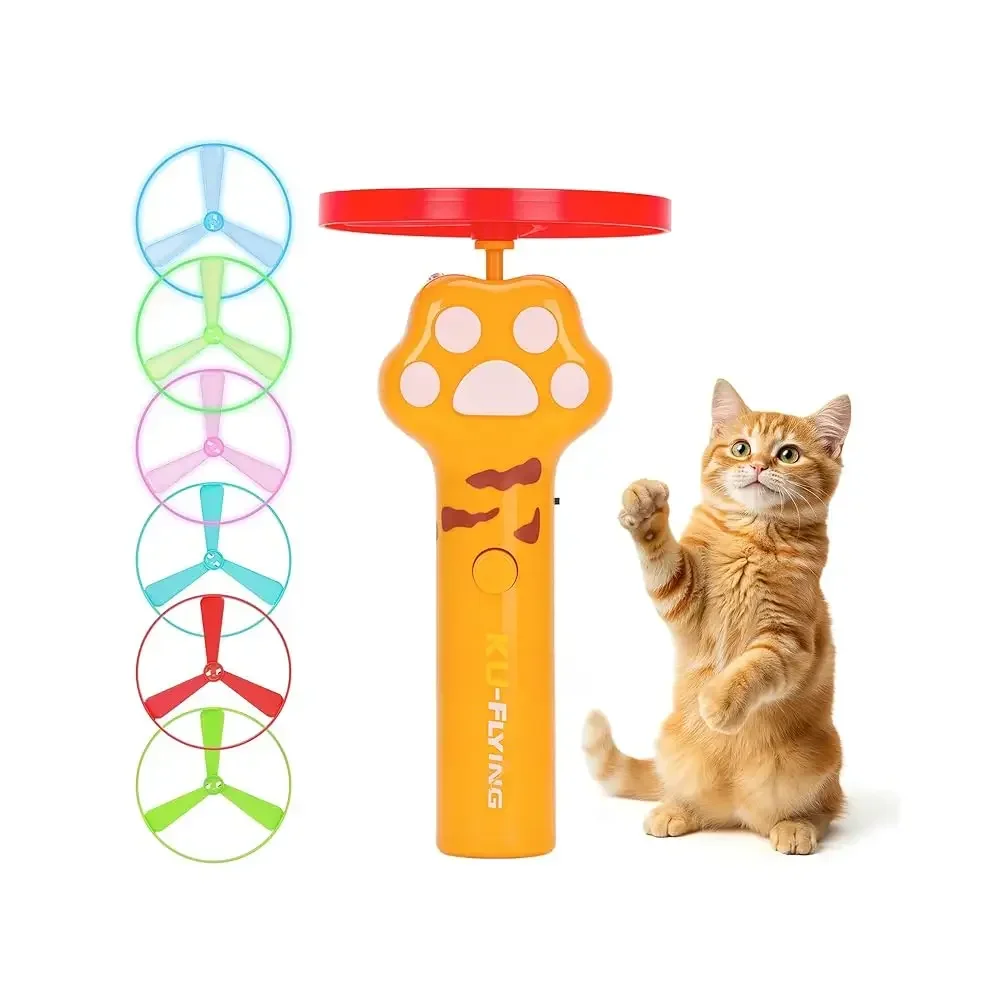 Cat Chase Fetch Toy - Rechargeable Disc Launcher with 6 Flying Spinners - Best Interactive Pet Hunting Toys for Indoor Outdoo
