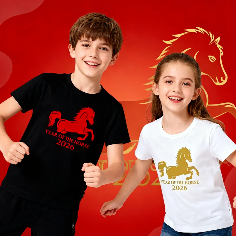 2026 Year of The Horse Toddler Tee Festive Chinese New Year Children T-shirt Lunar Zodiac Kids Shirt Lucky Horse Boys Girls Tops