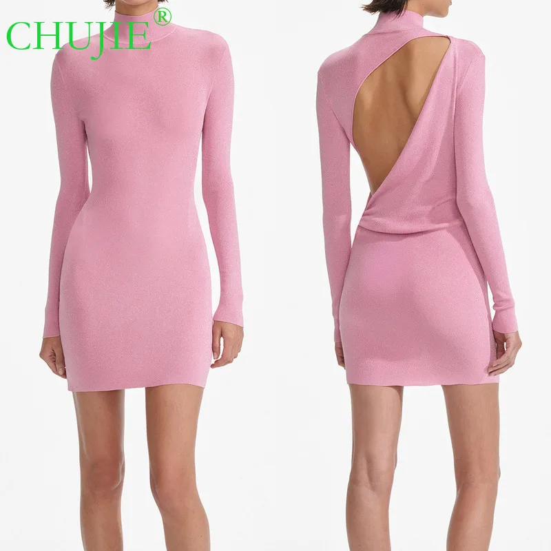 

CHUJIE 2022, осенне-зимнее новое розовое и черное элегантное модное облегающее трикотажное платье с высоким воротом и длинными рукавами
