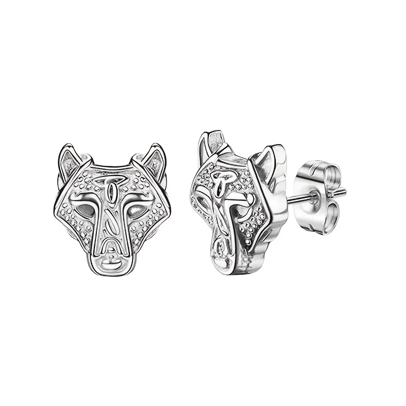 1pair Men's New Wolf Head Stainless Steel Stud Earrings, Retro Style Trendy Men's Earrings Dark Ear Jewelry Gift