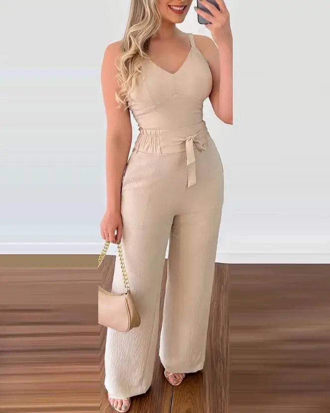 Conjunto de dos piezas para mujer, Top sin mangas con cuello en V fruncido y pantalones informales de cintura alta con diseño de bolsillo, Moda de