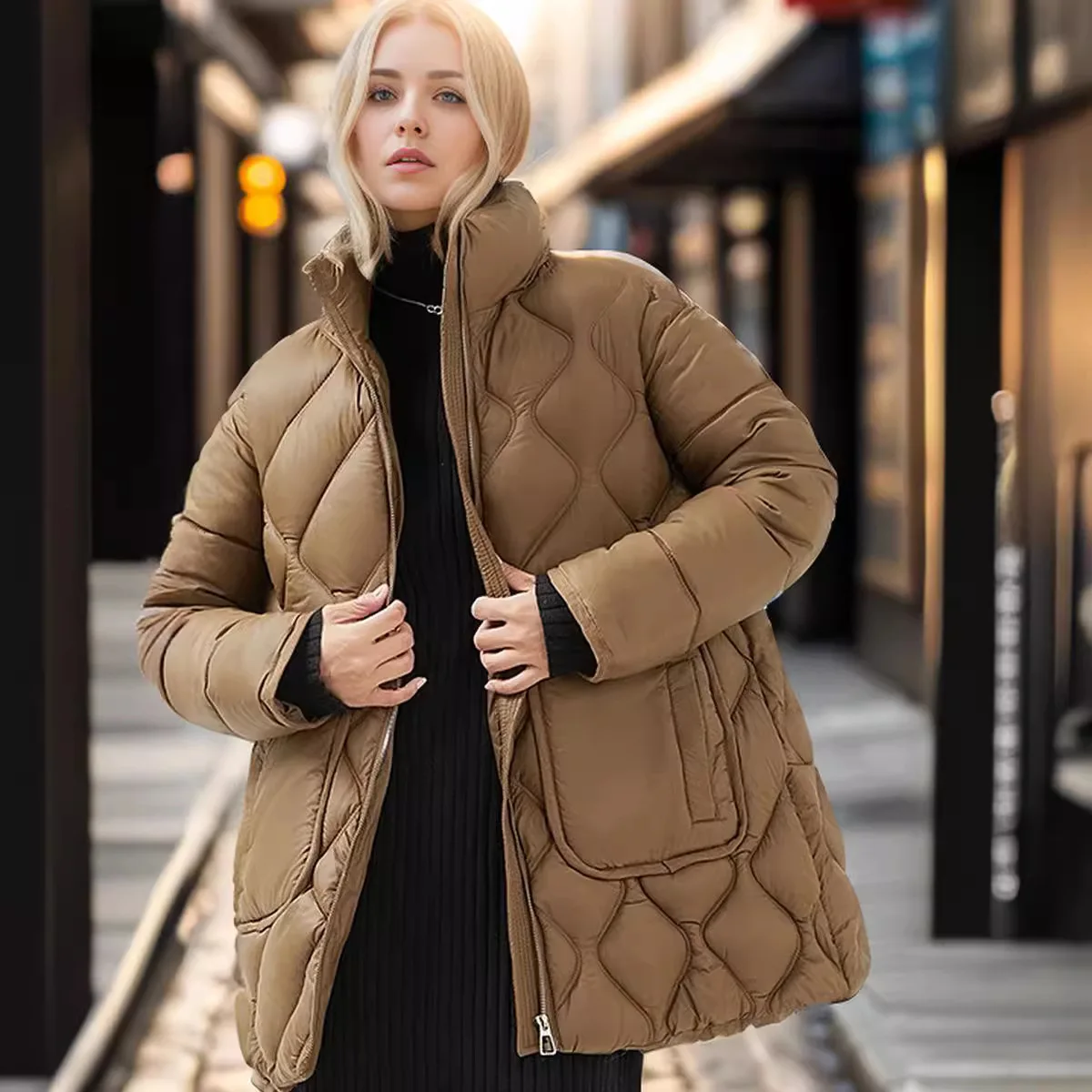 Giacca imbottita da donna invernale Giacca da donna in puro colore collo alto Parka caldo Cappotti Top 2025 Giacca da donna versatile in cotone con 2 tasche
