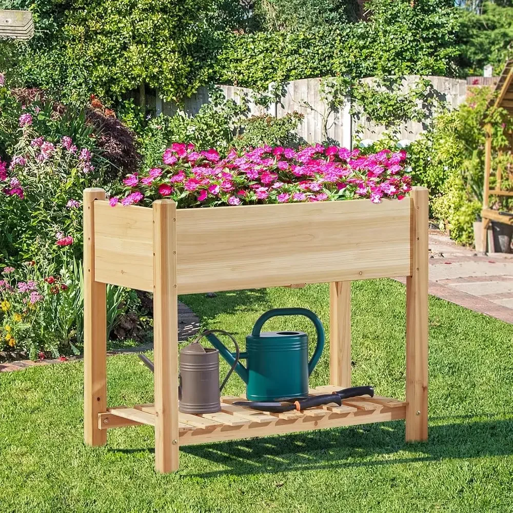 Elevated Wooden Garden Bed with Legs & Storage Shelf for Vegetables, Flowers, and Plants - Ideal for Backyard, Patio, Balcony, L