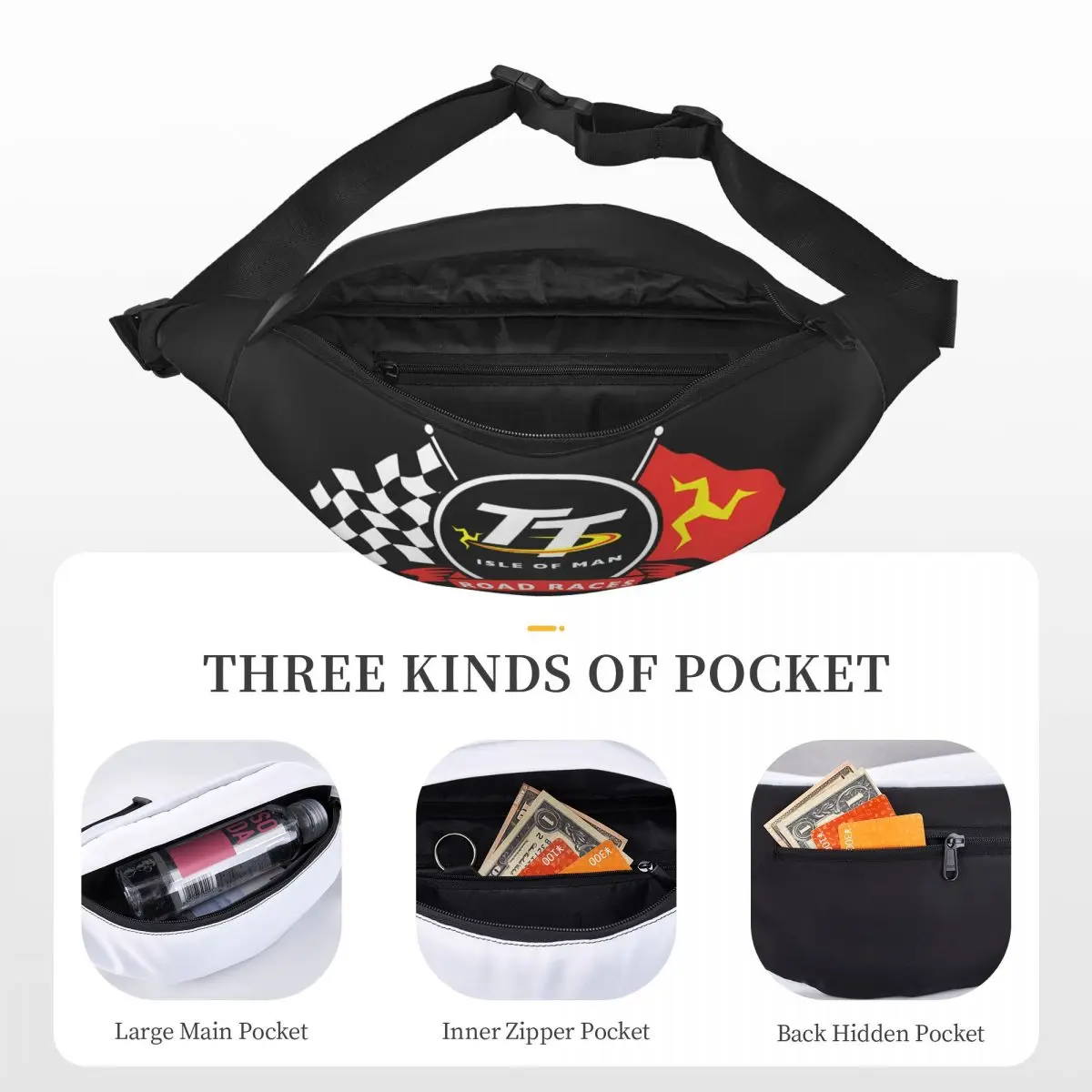 TT Races Unisex Waist Bag, Multifunções Sling Crossbody Malas, Peito Malas, Short Trip Pack