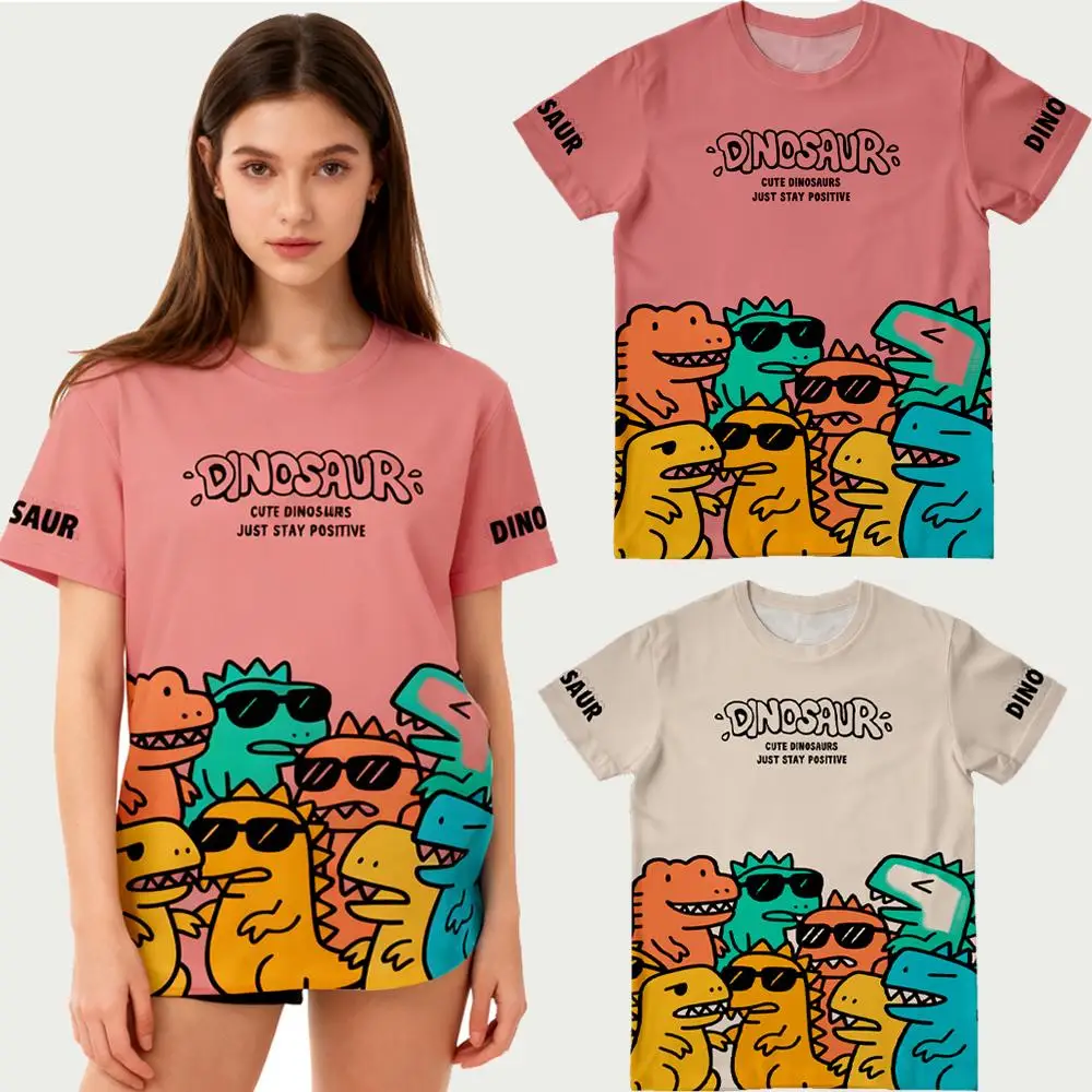 

2025 New Cute Dinosaur Cartoon Print T-shirt Y2k Trendy Brand Color Pattern Clothes Men And Women Casual Fashion Loose Tops