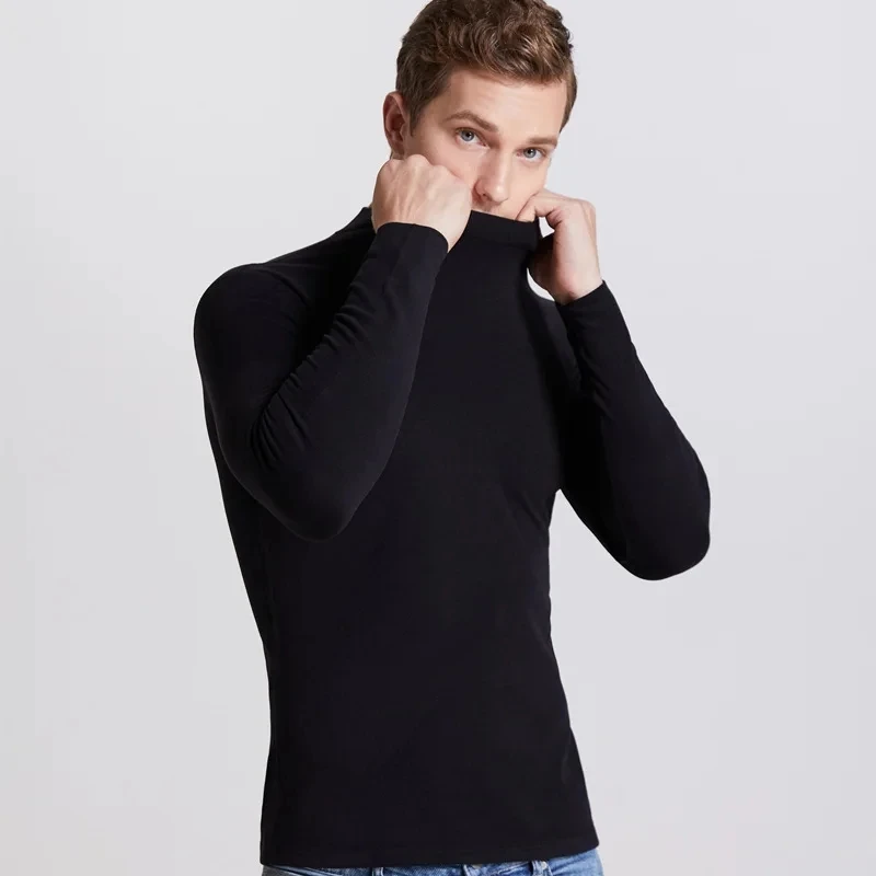 Turtleneck Men Solid Color Slim Elastic Thin Pullover Spring Autumn Underwear Turtleneck Mens Knitting Blouse Base Tshirt Top