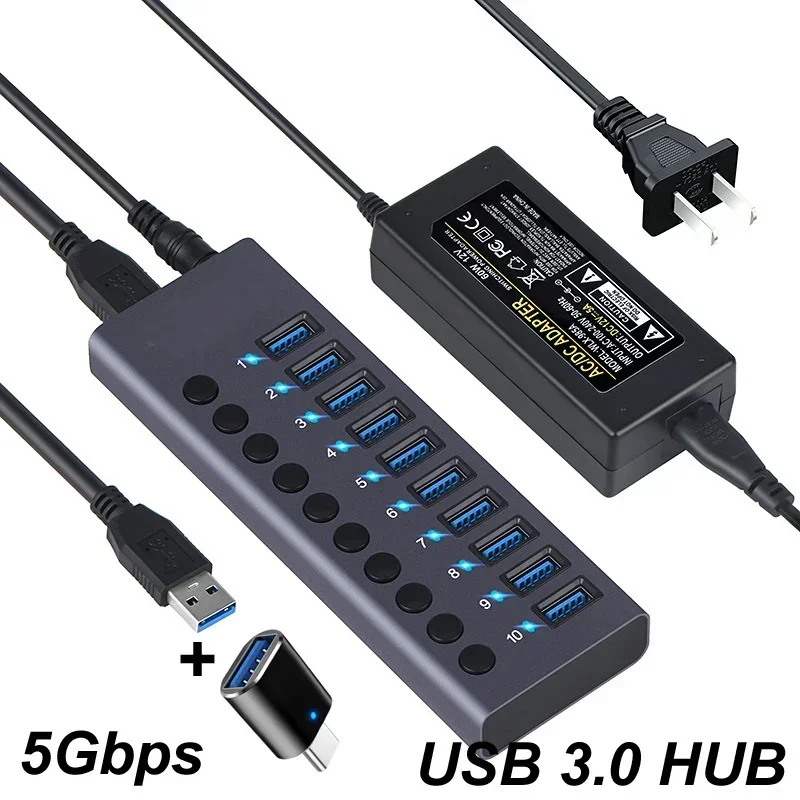 

10 портов USB 3,0 концентратор для зарядки 5 Гбит/с, передача данных, внешний разветвитель, док-станция, мощность 60 Вт, искусственная кожа, переключатель, адаптер