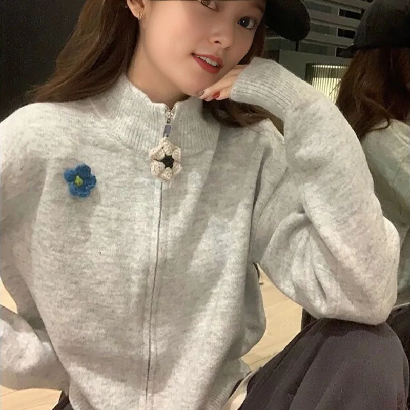 سترة متماسكة المرأة سستة سترة تقسم نصف عالية طوق لاعبا الصلبة الشارع الشهير ملابس خارجية فضفاضة عادية 2025 الخريف