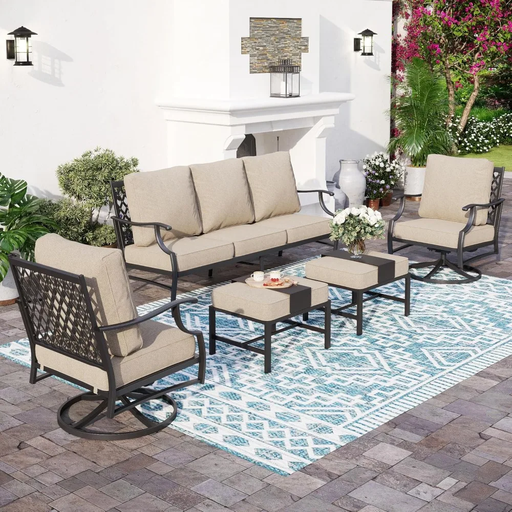 Furniture Set, Modern Metal Outdoor Patio Furniture, 3 Seater Sofa, 2 Swivel Chairs, 2 Ottomans and 5.75