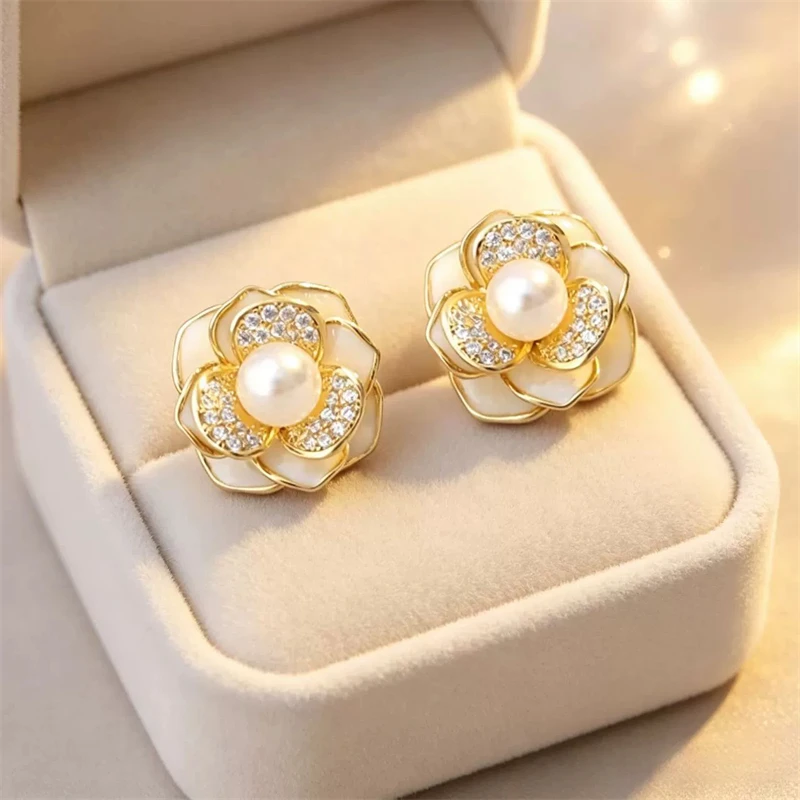 Flower Camellia CZ Crystal Imitation Pearl Stud Earring for Women Temperament Trend Simple Cute LOVE Wedding  Jewelry Girl Gift