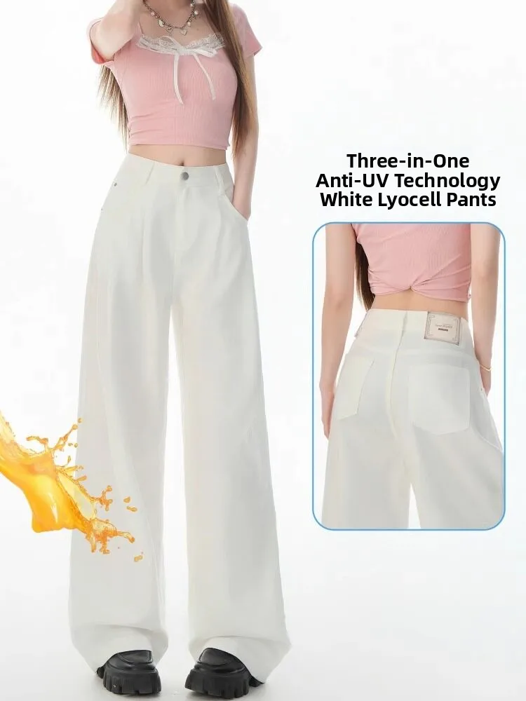 

White High Waist Wide Leg Denim Pants Women's Summer Thin Lenzing Draped Loose Ice Silk Long Trousers Soft Cotton Polyester B...