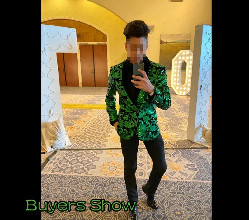 

Shiny Green Floral Sequin Tuxedo Blazers Men One Button Shawl Collar Dress Suit Jacket Party Dinner Wedding Prom Singer Costume