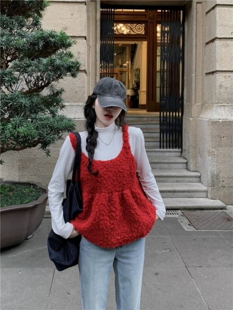 Ensemble de vêtements d'hiver pour femmes, haut rouge, taille haute, élastique, manches longues, col rond, coupe ample, style coréen, décontracté