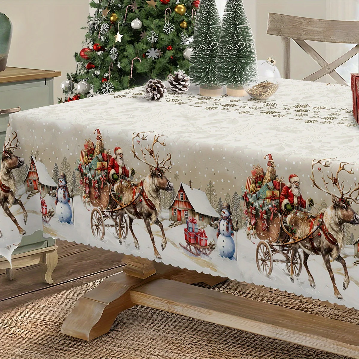 1 piece, farmhouse Christmas tablecloth, featuring a design of a moose pulling Santa Claus and gifts, perfect for Christmaszyc
