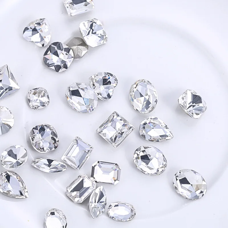 10pcs New Clear Nail Rhinestone Super Flash Pointed Bottom Fertilizer Square Crooked Heart 3D Nails Art Jewelry Decorations