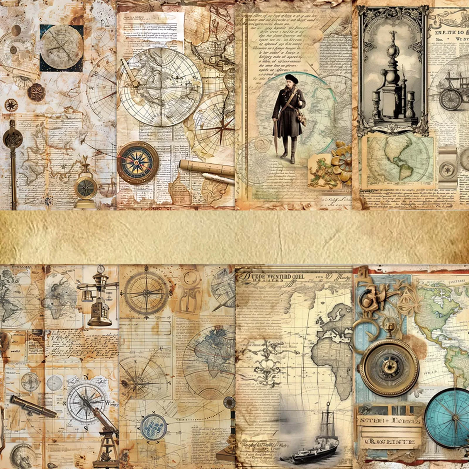 8 Blatt Vintage-Abenteuerzeitung, Scrapbook-Papier für Layout, Junk-Journal, Kartenherstellung, dekorativer Hintergrund, Ephemera-Tags