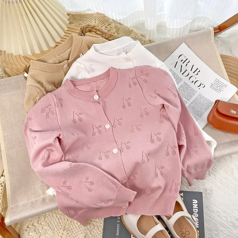 Baby Girls Cardigan Kids Hollow Out Sweaters Toddler Knitted Jacket 2024 Autumn 1 To 8 Yrs Children\'s Clothing Korean Style