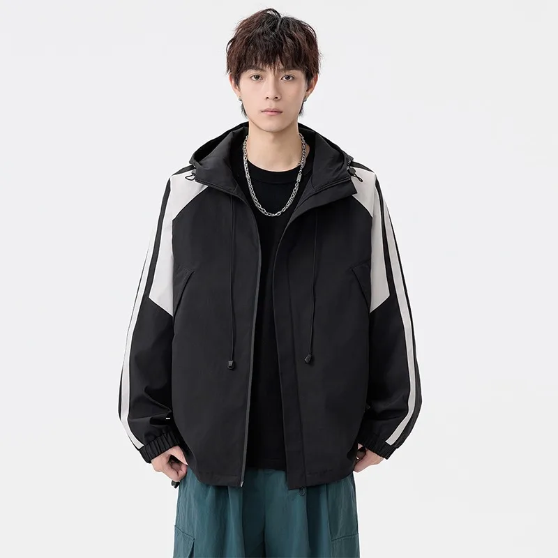 

Модная и универсальная повседневная мужская куртка с длинными рукавами контрастного цвета на молнии с капюшоном