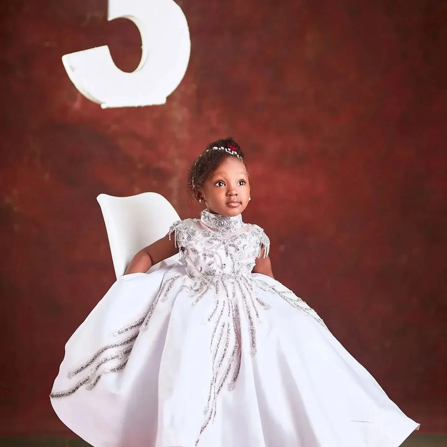 Custom High Neck Cap Sleeve Rhinestone Satin Ball Gown Luxury Dress Women Wedding Guest Gown Kids Wedding Outfit Luxurious