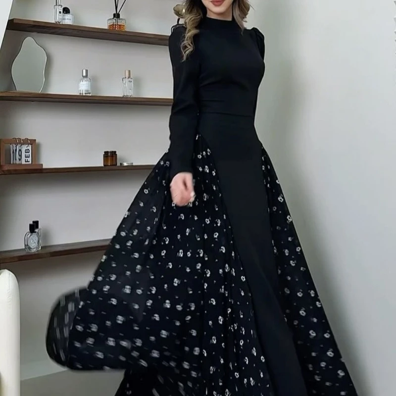 

European and American Spring 2025 New Cross border Style Long Sleeve Design Round Neck Small Floral Dress Long Skirt for Women