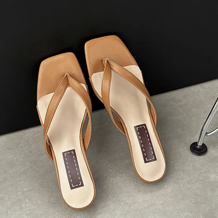 

Khaki Real Leather Women Slippers Leisure Design Beach Flip Flops 5cm High Heels Black Casual Lady Slides Design Chaussure Femme