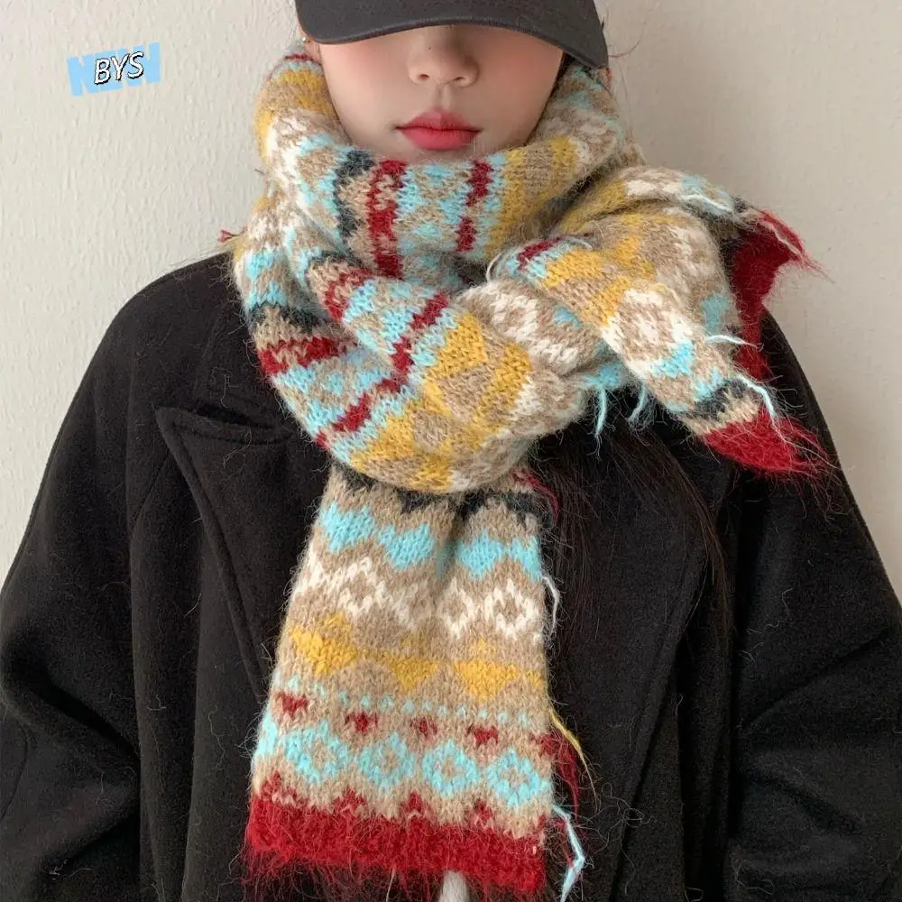 

Sweet Warm Jacquard Knitted Scarf Printed Wool Fair Isle Style Scarf Cold Protection Vintage Winter Wool Neckerchief Girls