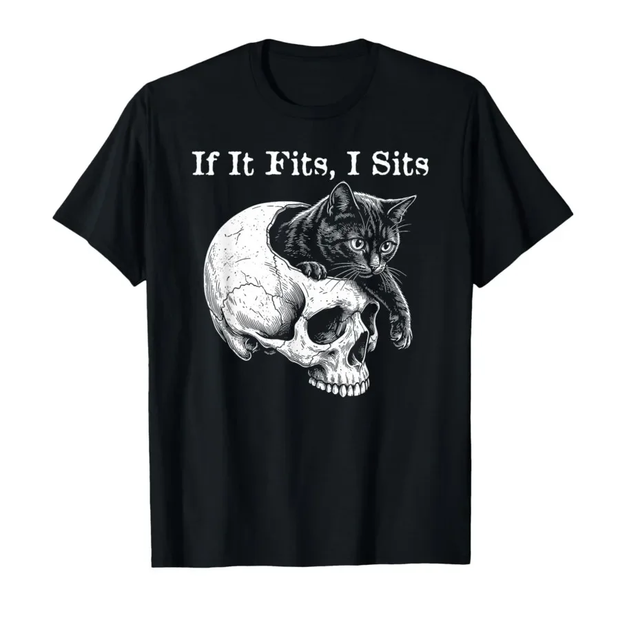 

Funny Spooky Cat If I Fits I Sits Skull Meme T-shirt For Men Women 100% Cotton T Shirts Short Sleeve Tops 0417-1