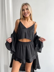 Marthaqiqiq Loose Female Pajama Suit Tank Tops Sleepwear Long Sleeve Nightie V-Neck Lace Up Nightwear Shorts Pyjamas 3 Piece Set