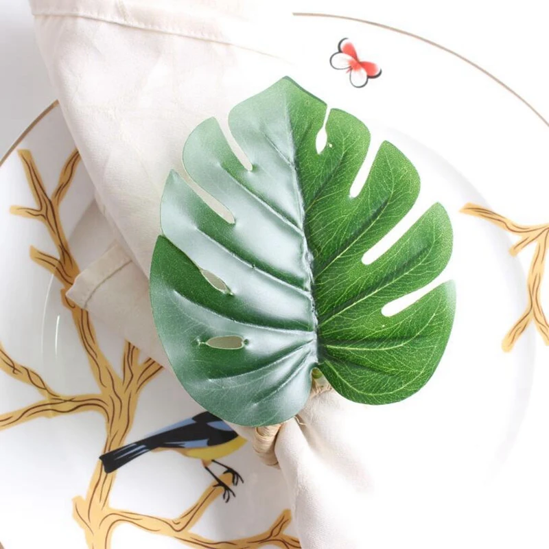 CYCLI-Monstera Napkin Rings Set Of 10, Faux Palm Tree Napkin Ring, Green Leaf Serviette Buckles Holder For Table Setting