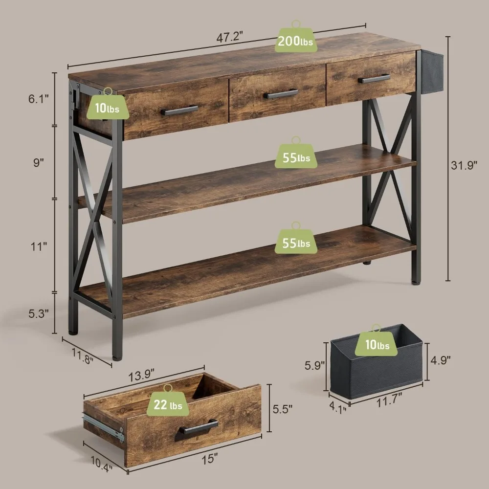 Table d'entrée industrielle avec étagères de rangement à 3 niveaux, table console de 47 po avec 3 égouts de proximité