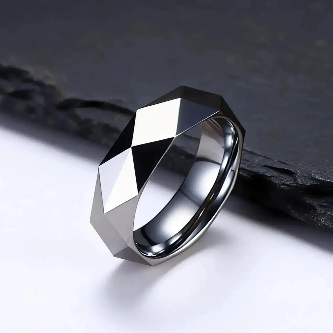Faceted Wedding Band For Men,Mens Tungsten Carbide Rings, Polished Beveled Edge Comfort Fit