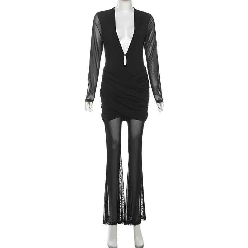 Jumpsuit Wanita Model Slim Flare dengan Aksen Patchwork Mesh Transparan, Kerut Silang, Kerah V Dalam Seksi, Lengan Panjang, Cocok untuk Pesta Klub dan Acara Santai