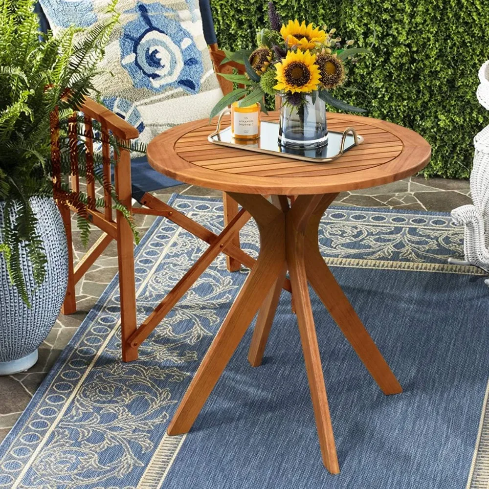 27.5 Inch Eucalyptus Wood Outdoor Patio Bistro Table, Round Wooden Table w/X Base, Coffee Side Bistro Table